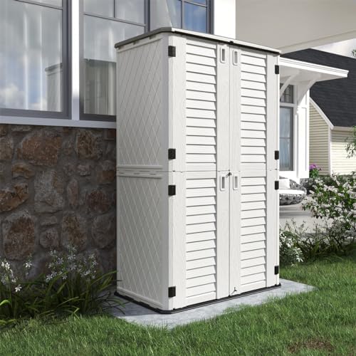 KINYING Outdoor Storage Cabinet Waterproof, Resin Vertical Outdoor Storage Shed for Patio Furniture, Garden Tools, Pool Accessories, Mower Storage (66 Cu.ft, Off White) - Image 3