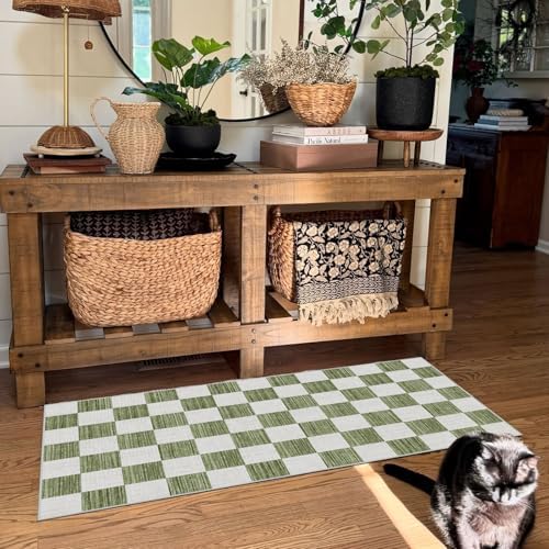 Front Door Mat Indoor Entrance - 2x4.3 Ft Green White Checkered Rug - Image 7