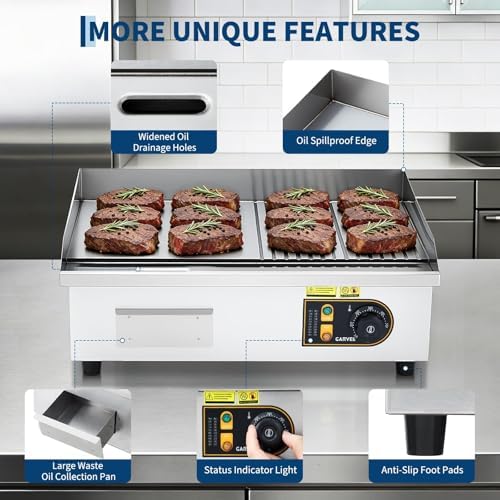 Garvee Commercial Half-Flat Top Griddle, 22in Stainless Steel Griddle Grill with 2 Shovels and 2 Brushes for Home or Restaurant, 1700W Commercial Griddle - Image 4