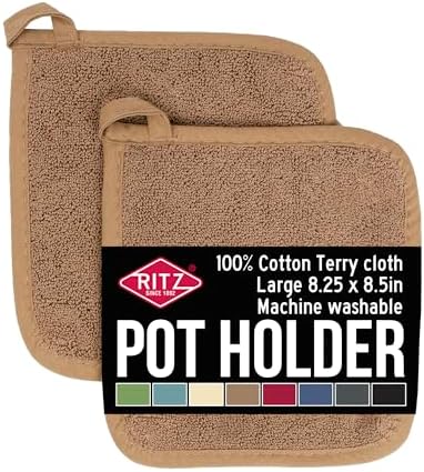 RITZ Terry Potholder & Hot Pad: Unparalleled Heat Resistant, Durable 100% Cotton – Ergonomically Designed for Optimal Grip – Easy-Care Machine Washable – 2-Pack, Mocha by RITZ