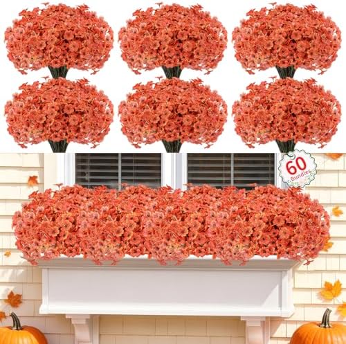 Powbrace 60 Pack Artificial Fall Flowers Mums for Outdoor Indoor (Orange) by PowbraceArtificialFlowers