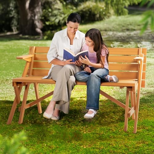 VINGLI 2-in-1 Outdoor Wooden Picnic Table and Bench Set with Umbrella Hole – Convertible Design for Garden, Patio, Porch, Deck – Natural Wood - Image 6