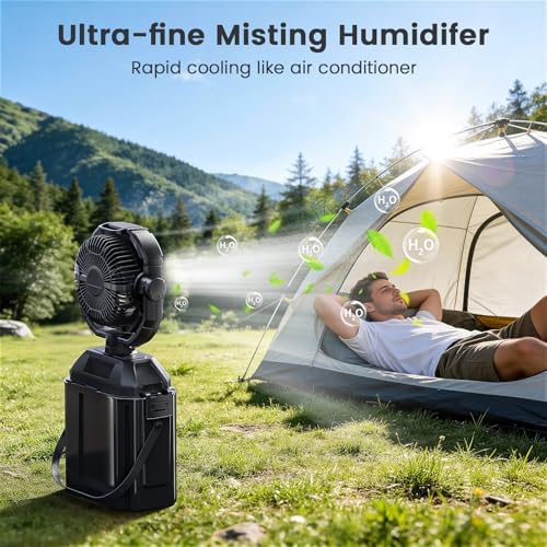 XAP Portable Misting Fan Rechargeable for Hot Weather - 9-inch Oscillating Camping Fan with USB Battery as Power Bank, 4 Mist Cooler, 7L Bucket for Outdoor/Camping/Patio/Golf (Black) - Image 4
