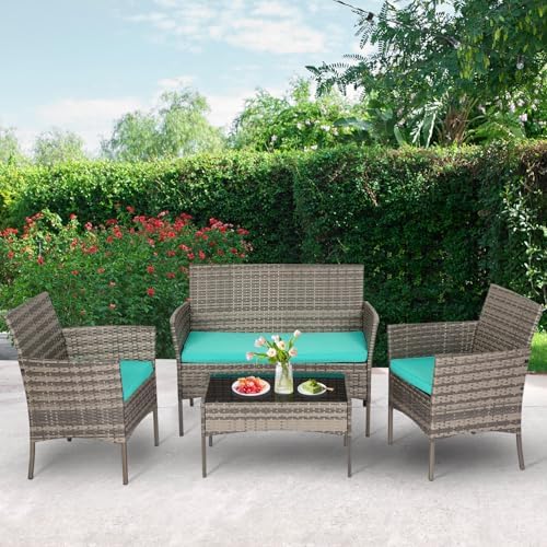 FDW 4-Piece Patio Furniture Set | Gray & Blue | Outdoor Wicker Furniture - Image 2