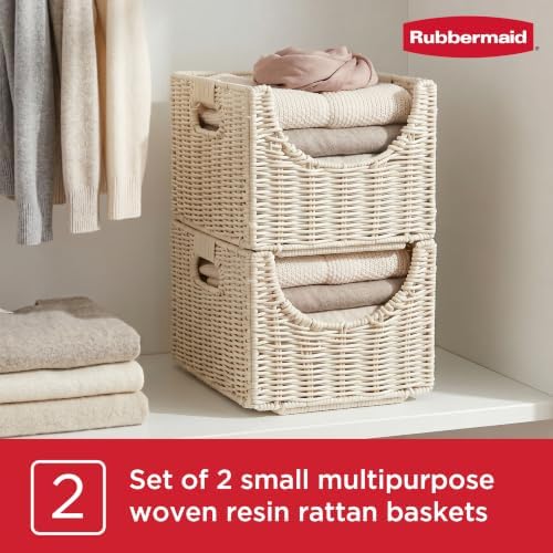 Rubbermaid Woven Storage Baskets - Set of 2 Stackable and Collapsible Bins with Handles, Small Resin Rattan Organizers for Shelves, Closet, Bathroom, Bedroom, 11.5” x 8”, Ivory - Image 2