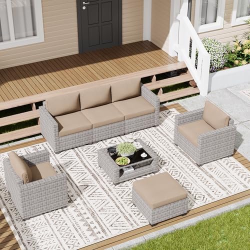 LOUVIXA 7 Piece Outdoor Patio Furniture Set, Rattan Chairs Glass Table Wicker Conversation Seating Sectional Sofa with Cushions (Grey White-Camel, 7Pcs-2 Layer Coffee Table) - Image 5