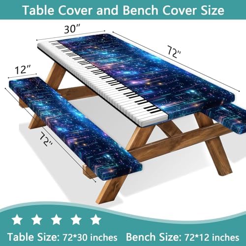 Piano Keyboard Picnic Table Cover with Bench Covers, Camping Essentials, Music Themed Waterproof Windproof, Fitted Tablecloth Cover with Elastic Edge, for Outdoor, Garden, 3 PCS, 30x72 Inch - Image 3