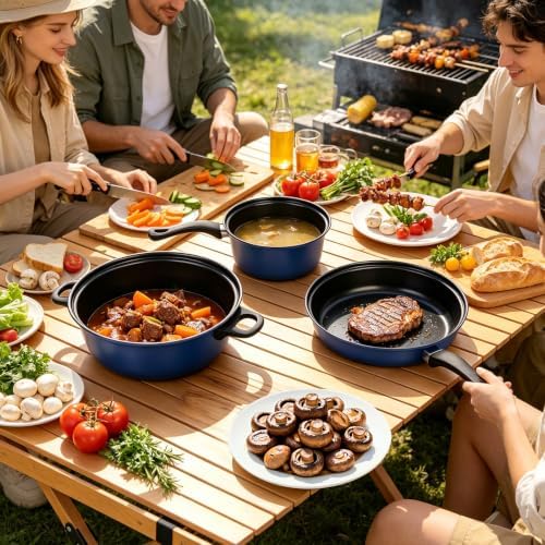 Non-Stick Cookware Set, 4 Piece Set Portable Lightweight Cast Iron Pots and Pans with Glass Lids and Nylon Utensils for Outdoor Camping Picnic Travel Blue - Image 7