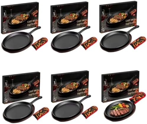DVK Cast Iron Fajita Plate Set Pre-Seasoned Fajita Skillet with Wooden Base Anti Scald Mitt Sizzling Plate for Grill Stove Oven Home BBQ Restaurant Catering by Dvk