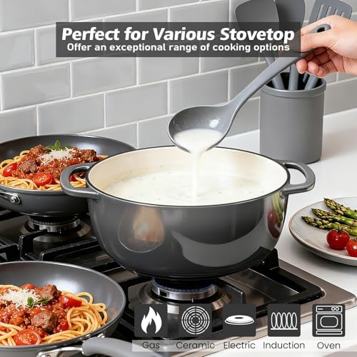 Enameled Cast Iron Dutch Oven - Umite Chef 6QT Pot with Lid & Cotton Potholders - Dual Handles -Versatile Heavy Duty Cookware for Bread Baking, Braising, Stews, Roasting(Grey） - Image 5