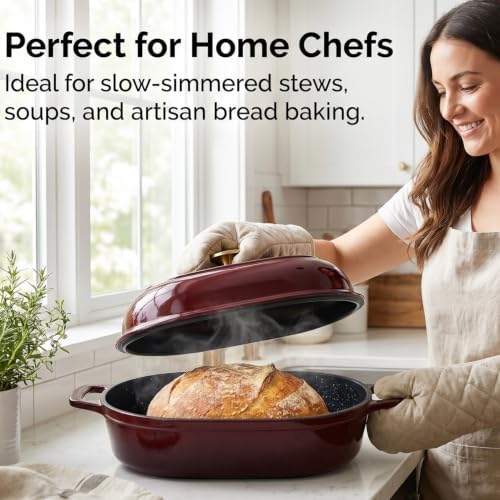 La Cuisine Enameled Cast Iron Bread Loaf Dutch Oven Oblong for Sourdough Crusty Bread & High‑Heat Baking. Oven-Safe 550°F/287°C Matte Black Enamel Interior, 5.5 QT, Cranberry - Image 6