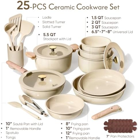 CAROTE 25pcs Ceramic Cookware Set, Pots and Pans Set with Detachable Handle - Image 2