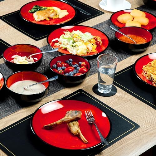 TP 12-Piece Melamine Dinnerware Sets, Service for 4, Glossy Black&Red - Image 4