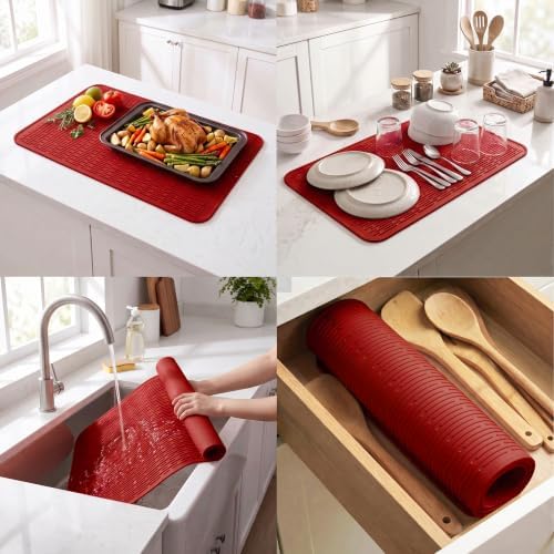 MicoYang Silicone Dish Drying Mat for Multiple Usage,Easy clean,Eco-friendly,Heat-resistant Silicone Mat for Kitchen Counter or Sink,Refrigerator or Drawer Liner Red 4XL 32 inches x 18 inches - Image 4