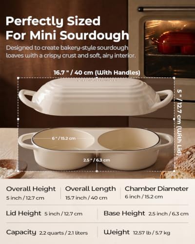 Mini Double Dutch Oven for Sourdough, Enameled Cast Iron Bread Pan, White - Image 3