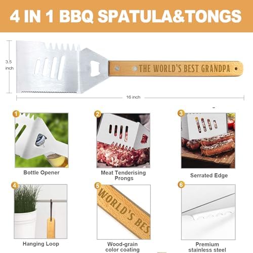 Grandpa Gifts from Grandkids Christmas, Grandpa Gift Heavy Duty Wooden BBQ Grilling Accessories Kit for Backyard, Thick Stainless Steel Grill Utensils with Non-Slip Handle Tools in Portable Bag - Image 3