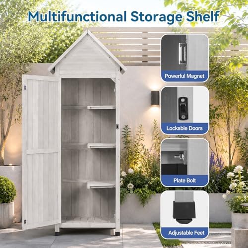 Narrow Outdoor Storage Cabinet, 67" Wooden Vertical Garden Tools Shed, Patio Storage Organizer with Latch & Waterproof Roof for Yard Deck Lawn Farmland Equipment(Gray) - Image 3