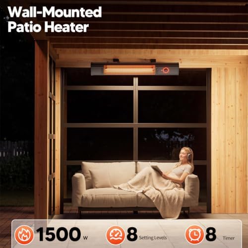 Patio Heater for Outdoor Use 1500W, 8H Timer, Waterproof, Infrared Electric Wall-Mounted Patio Heater, 8 Levels Heating for Garage Backyard Black - Image 3