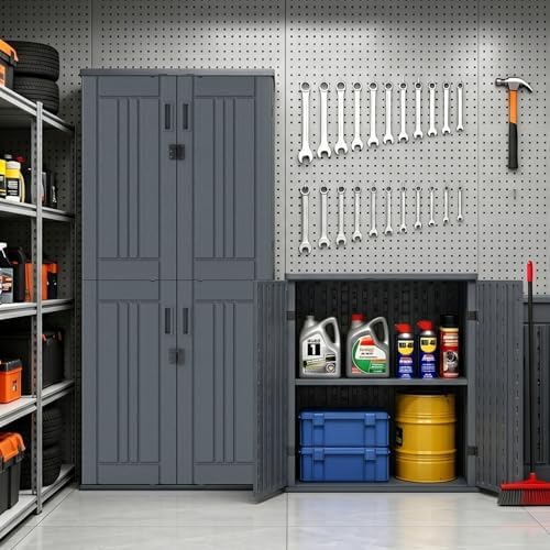 Outdoor Storage Cabinet with 2 Shelves, Waterproof Resin Vertical Tool Shed, Lockable 15 cu. ft. Storage Shed for Patio, Garden, Yard, Grey - Image 6