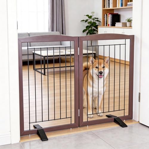 ZJSF Freestanding Dog Fence Indoor, Foldable Dog Gate for Doorways, Stairs or Hallways, Sturdy Wood Extra Wide Pet Gate with Support Feet for The House, Brown, 32 "Height-2 Panels by ZJSF
