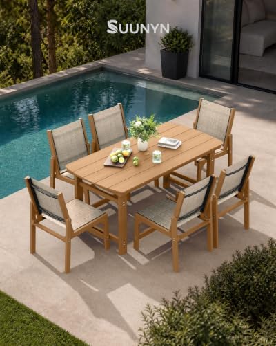 HDPE Outdoor Dining Set, Patio Table and 6 Stackable Armless Chairs, Teak - Image 3