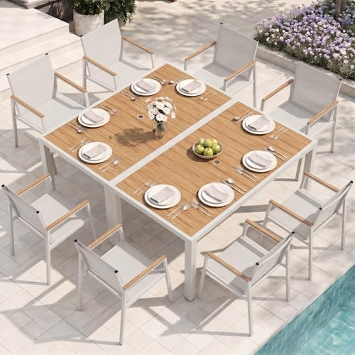 Outdoor Dining Set for 8, Aluminum Patio Table and Chairs Set, 10-Piece All Weather Patio Dining Furniture Set with Umbrella Hole for Backyard, Deck, Poolside (White-Teak) by Oasbira