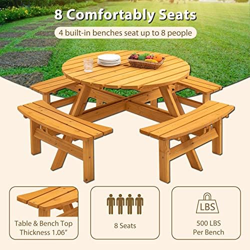 8 Person Wooden Picnic Table, Outdoor Camping Dining Table with Seat, Garden, DIY w/ 4 Built-in Benches, 2220lb Capacity - Natural - Image 5