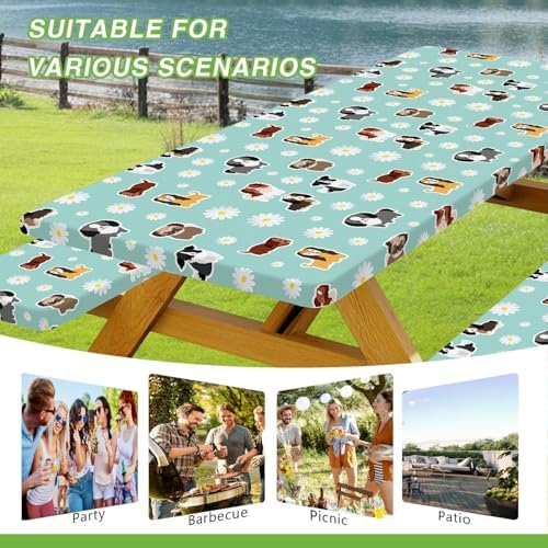 Cute Dog Picnic Table Cover with Bench Covers Camping Essentials Waterproof Windproof Funny Animal Daisy Flower Table Cover Fitted Tablecloth Cover with Elastic Edge for Outdoor 3 PCS 30x96 Inch - Image 3