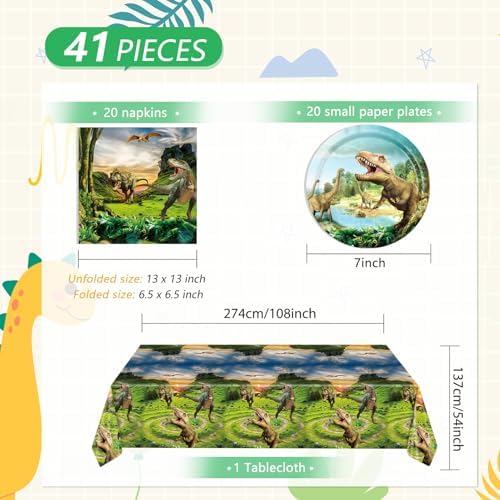 41Pcs Dinosaur Birthday Party Decorations,Dino Party Decorations Tableware Set Jurassic Dinosaur Paper Plates Napkins Tablecloth丨Boys Kids Baby Shower Jurassic Theme Birthday Party Decor,Serve 20 - Image 2
