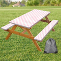 Picnic Table Cover with Bench Covers and Bag, Pink and White Checkered Gingham Buffalo Plaid Camping Tablecloth Cover Waterproof Windproof Elastic Edges Fitted Tablecloths for Outdoor 3PCS 30x96 Inch by Xguatan