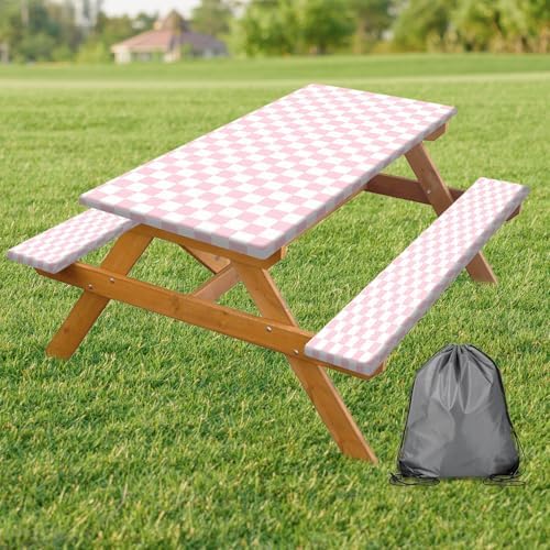 Picnic Table Cover with Bench Covers and Bag, Pink and White Checkered Gingham Buffalo Plaid Camping Tablecloth Cover Waterproof Windproof Elastic Edges Fitted Tablecloths for Outdoor 3PCS 30x72 Inch by Xguatan
