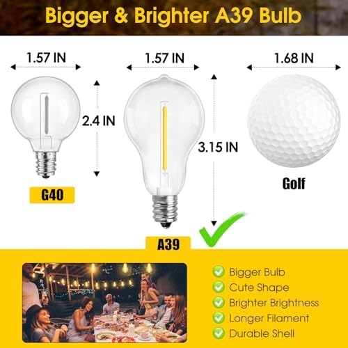 Larkvue 100FT Outdoor String Lights, Patio Light with 32 A39 Bulbs, Black - Image 3