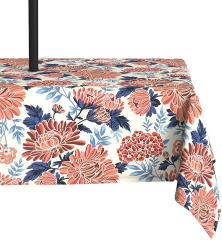 LVTXIII Rectangle Outdoor Tablecloth with Umbrella Hole and Zipper, Water-Repellent 60 x 84 Inch Patio Table Cover for Picnic, Garden, Backyard Dining, Vibrant Blossom by LVTXIII