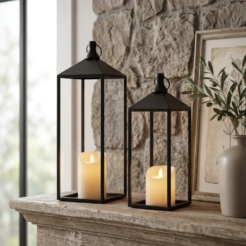 Lanterns Decorative Outdoor Indoor, 17" 13" Set of 2 Black Candle Lanterns - Image 6