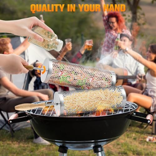 Rolling Grill Basket, Removable Wooden Handle, 304 Stainless Steel, Nesting Smoker Net, BBQ Accessories Tools for Vegetable Shrimp, Outdoor Cooking Camping (A) - Image 3