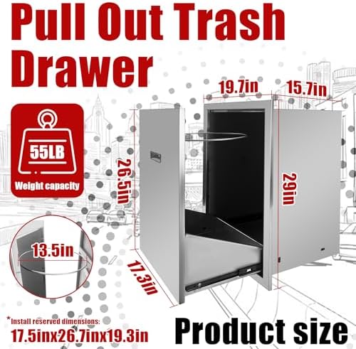 Outdoor Kitchen Single Trash Drawer 19.7'' W x 29'' H x 15.7'' D Pull Out Stainless Steel Bin Drawer Built-in Trash Drawers with Handle Suitable for Outdoor Kitchen Island Patio Grill Station - Image 3