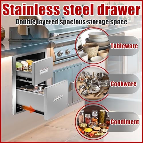Outdoor Kitchen Double Layer Drawer 13'' W x 20.4'' H x 21'' D Flush Mount BBQ Access Drawers Stainless Steel BBQ Island Drawers with Handle Suitable for Outdoor Kitchen Island Grill Station - Image 5