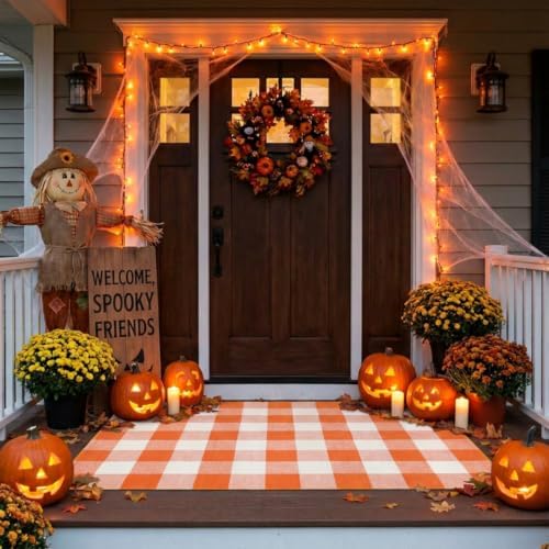 MUBIN Fall Decor Cotton Buffalo Plaid Rug, 3' x 5' Orange White Outdoor Rug Front Door Decorative Mat, Washable Halloween Doormat Foldable Area Rug Layered Door Mats Rug for Front Porch, Entryway - Image 3