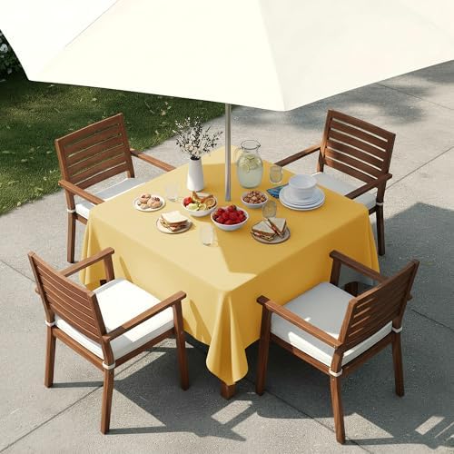 LUSHVIDA Square Outdoor Tablecloth with Umbrella Hole 60x60 Inch Yellow - Image 2