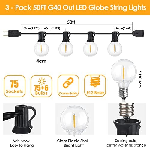 Mlambert 150Ft(3x50Ft) Outdoor String Lights, G40 Globe Patio Lights with 75+6 Dimmable Shatterproof LED Hanging Bulbs for Backyard Party-Black Wire - Image 2