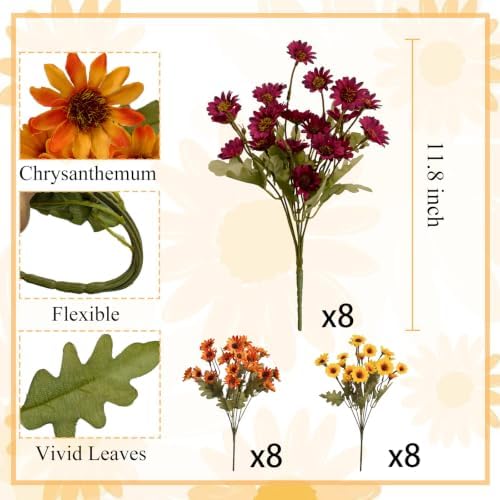 24Pcs Fake Flowers Artificial Mums for Outdoors,UV Resistant Faux Mums for Outdoor Planters Realistic Daisy No Fade Fall Flowers for Front Door Garden Patio Yard Autumn Decor - Image 3
