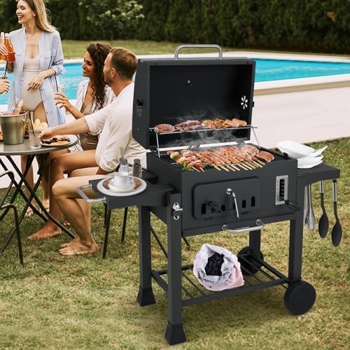 Happygrill Barrel Charcoal Grill with 2 Folding Side Tables & 2 Wheels - Image 2