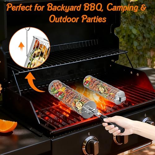 Rolling Grill Baskets for Outdoor Grill, Removable Wooden Handle, 2PCS - Image 6