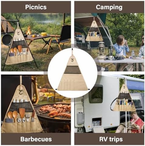 Camping Tableware Bag - Large Portable Outdoor Cutlery Organizer, Hanging Utensil Storage Pouch for BBQ, Hiking, Backpacking, Picnic, Kitchenware Accessories, Khaki Travel Cookware Kit (S) - Image 5