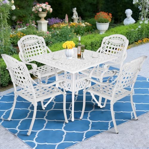 MEETWARM 5-Piece Outdoor Patio Dining Set, All-Weather Cast Aluminum Patio Conversation Set for Backyard Garden Deck with 4 Chairs, 4 Cushions and 35.4" Square Table with Umbrella Hole, White by MEETWARM