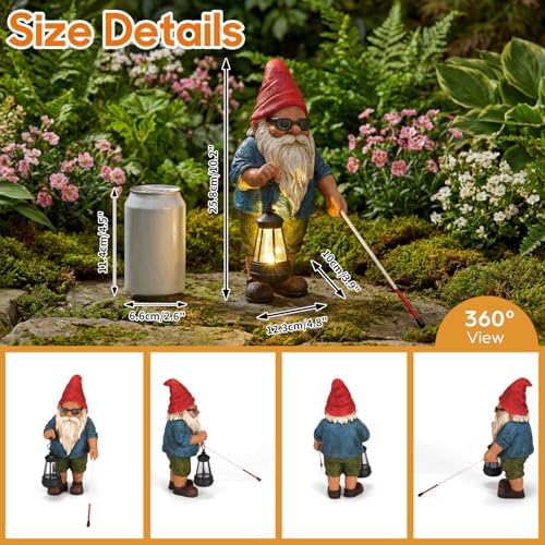 Solar Garden Gnome Outdoor Statue, 10.2 inches Blind Man Gnome with Lantern - Image 2
