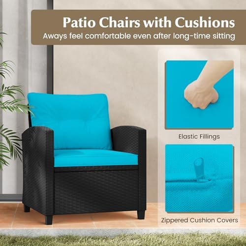 Tangkula 3 Piece Patio Furniture, Rattan Conversation Set w/Soft Seat & Back Cushions, Tempered Glass Topped Coffee Table, Cushioned Wicker Seating Set for Backyard, Porch, Poolside - Image 5