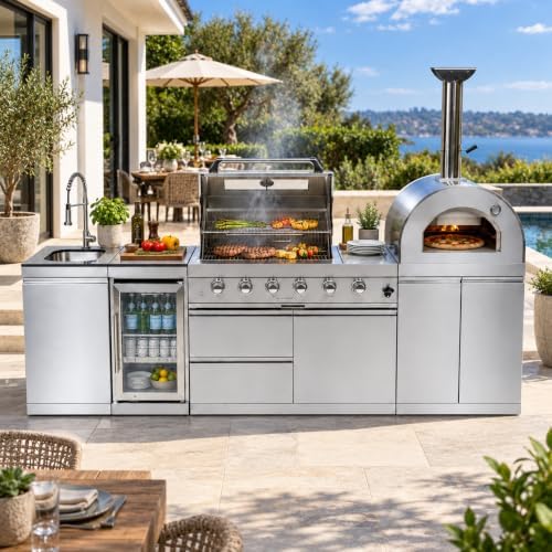 112" Modular Outdoor Kitchen,108,000 BTU Stainless Steel Natural Gas BBQ Grill with Built-In Pizza Oven,Side Burner,Rotisserie,Refrigerator,Granite Countertop,Storage Drawers & Cabinets. - Image 3