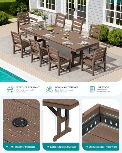 SERWALL 9Pcs HDPE Outdoor Dining Set w/6 Armless, 2 Armchairs for 8,Brown - Image 4