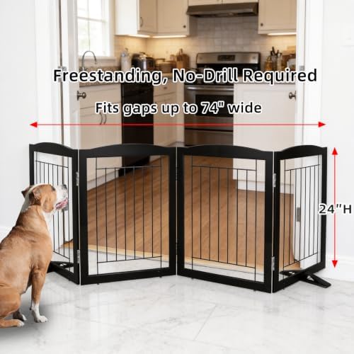 ZJSF Freestanding Dog Fence Indoor, Foldable Dog Gate for Doorways, Stairs or Hallways, Sturdy Wood Extra Wide Pet Gate with Support Feet for The House, Black, 24 "Height-4 Panels - Image 2